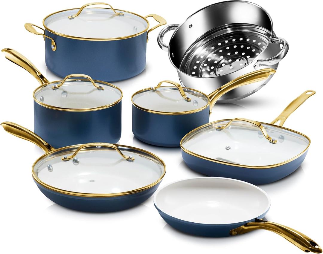 Gotham Steel 12 Pc Ceramic Cookware Set Nonstick, Ceramic Pots and Pans Set Non Stick with Steamer for Cooking, Non Toxic PFOA PFOS Free, Premium Stay Cool Handles, Oven & Dishwasher Safe (Navy Gold)