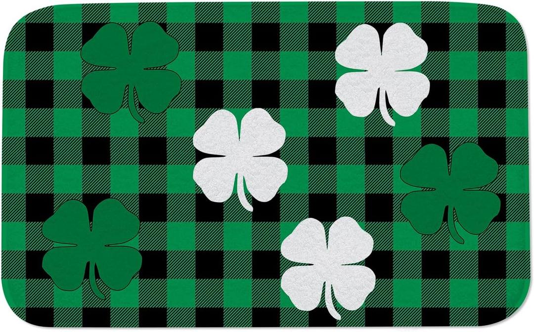 St. Patrick's Day Doormat, Buffalo Plaid Stripes Shamrock Lucky Clover Decorative Doormat, Non Slip Seasonal Low-Profile Floor Mat Welcome Mat for Kitchen Dining Entrance 19.5x31.5Inch