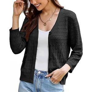 GRACE KARIN Women Lightweigt Cardigan, 2026 Spring 3/ 4 Sleeve Crochet Sweaters, Summer Cropped Knit Trendy Shrug Tops Black L