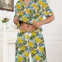 Veseacky Hawaiian Flower Print Pajamas for Men Button Down Short Sleeve Shorts Set (White Floral Leaf,L) (L)