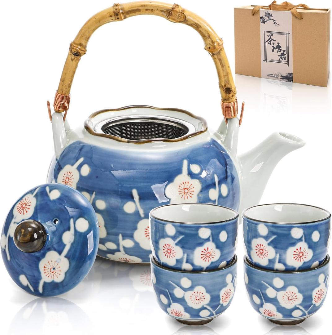 Japanese Tea Set, Ceramic Floral Tea Pot and 4 Pieces Cups with Infuser Bamboo Handle, Traditional Bone China Teapot Kit Gift for Coffee, Water, Home, Office