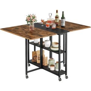 CHOEZON Folding Dining Table, Movable Dining Table, Expandable Kitchen Table, Versatile Table with 6 Wheels and 2-Tier Shelf, for Dining, Living Room, Apartment, Rustic Brown TCZ01BF, 47.4"L x 31.5"W x 30.1"H
