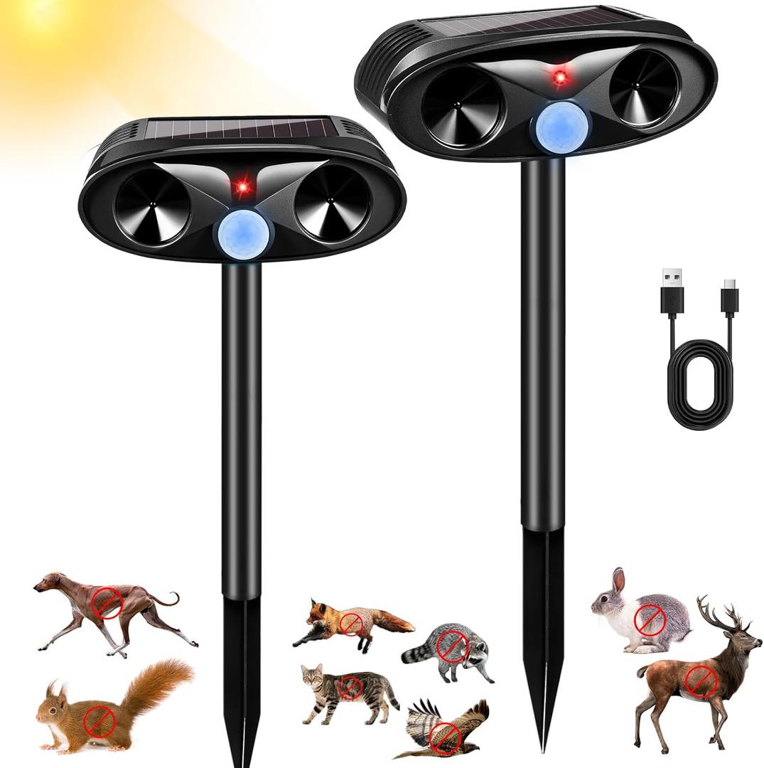 Upgraded Solar Animal Repellent, 2 Pack Ultrasonic Animal Repeller Outdoor USB Charge with Motion Sensor Cat, Deer, Squirrel, Dog,Raccoon,Skunk,Rodent,Rabbit Repellent for Yard Garden Lawn,Black