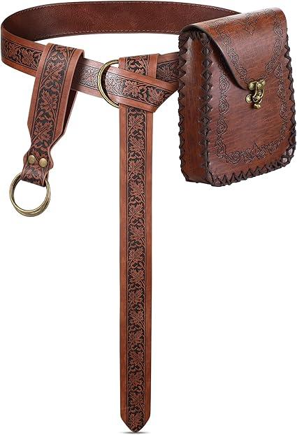 Geyoga 3 Pcs Renaissance Belt Women Skirt Hikes Renaissance Belt Bag Waist Leather for Ren Faire Costume(Leaf Pattern) Brown