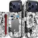 FUNMIKO for iPhone 17 Pro Wallet Case with Card Holder + Cash Clip, RFID-Blocking, Military-Grade Drop Protection & UV-Printed Artwork, Magnetic Closure with Leather Kickstand - Floral Sketch