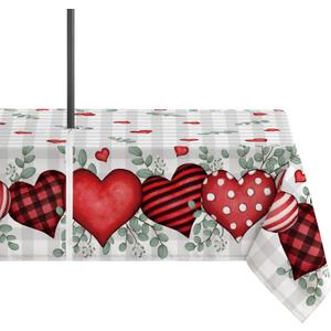 Horaldaily Valentine Outdoor Tablecloth 6084 Inch, Buffalo Plaid Love Hearts Eucalyptus Seasonal Table Cover with Zipper Umbrella Hole for Party Dinner Patio Garden Picnic BBQ (60" x 84" (Rectangular), Grey)