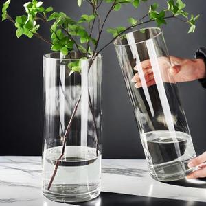 2 Acrylic Cylinder Clear Vase for Centerpieces, Tall Large Unbreakable Plastic Flower Vases for Home Decor (D 4.8" X H 7.8" - H 12" + 2 Holder)