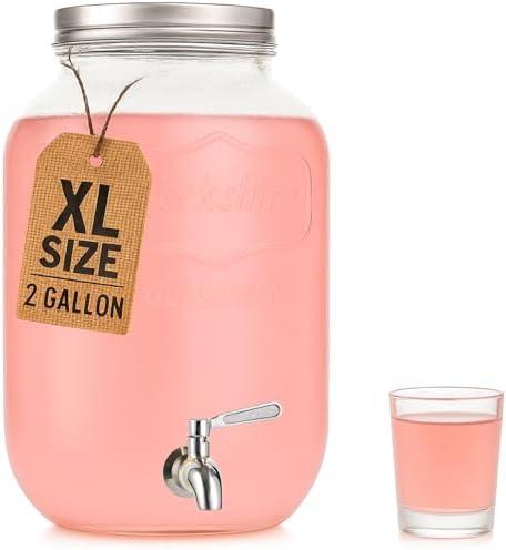 2 Gallon Extra Large Iced Beverage Dispenser – Glass Mason Jar Drink & Beverage Container with Metal Spigot and Lid