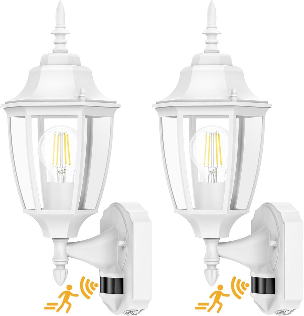 Lamomo Outdoor Wall Sconce, 2 Pack Dusk to Dawn Motion Sensor Light Fixtures, Exterior Aluminum Waterproof Porch Lights for Patio Front Door Garage - White