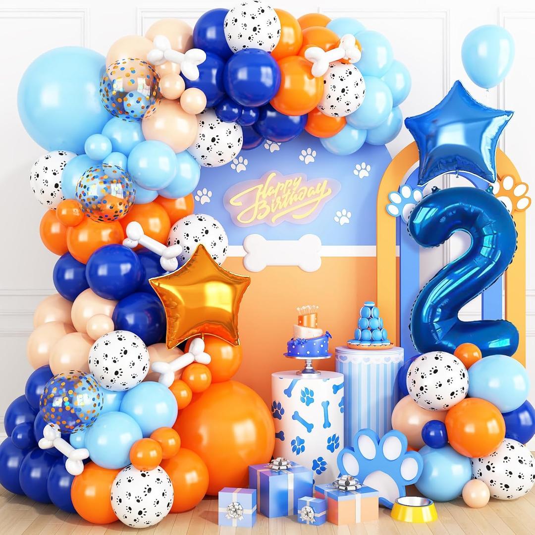 Blue and Orange 2nd Birthday Party Decorations Boy,Dog Paw Balloons Arch Garland with Orange Paw Print Balloons Foil Balloon Number 2 and Stars for Boy or Dog Puppy Birthday Party Decorations