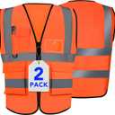 XPCARE 2-Pack Hi Vis Reflective Safety Vest with Pockets, High Reflective Strips Zipper Work Vest for Men and Women, Orange(X-Large)