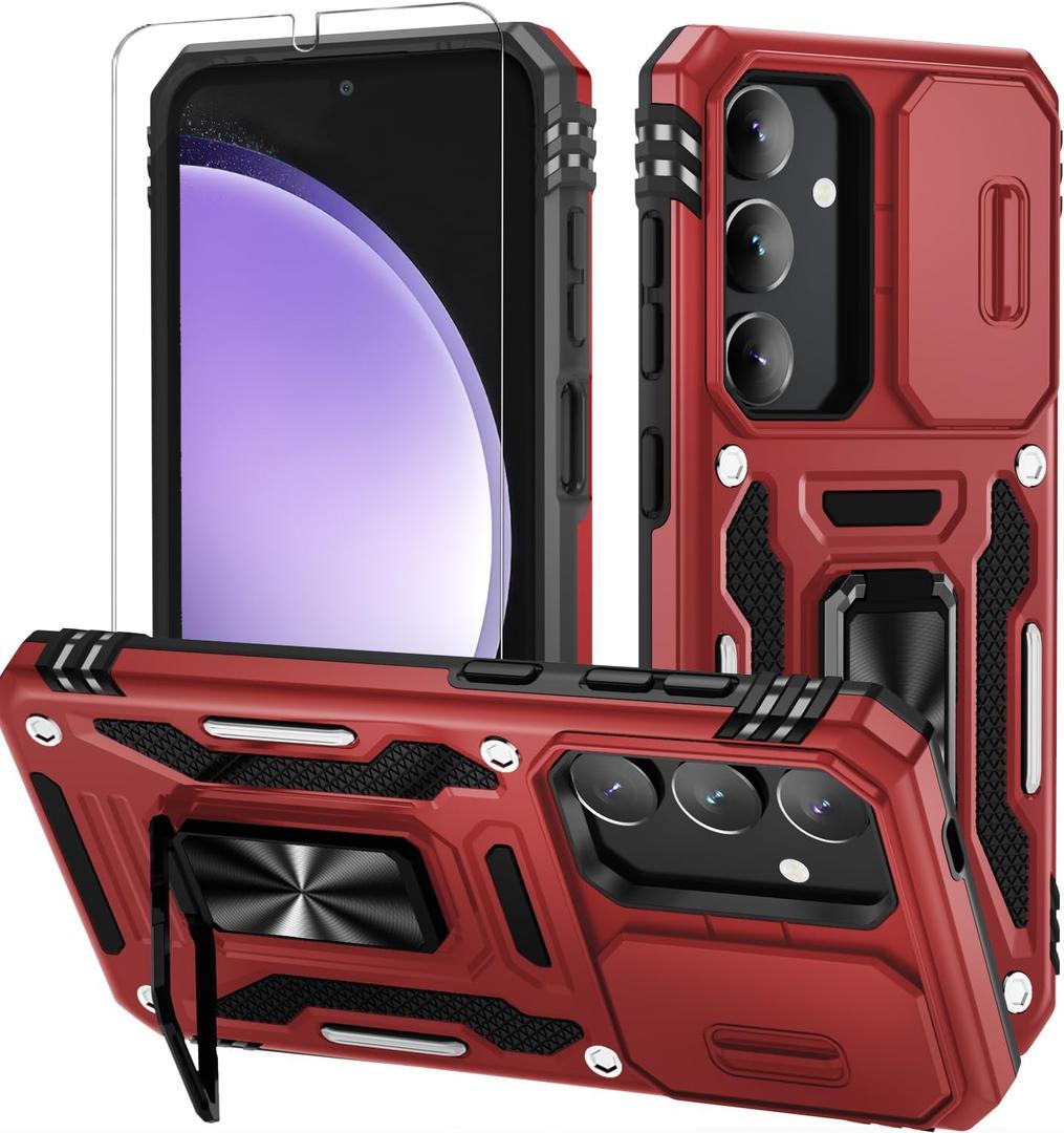 WRJ for Samsung Galaxy S25 Plus/S24 Plus Case with Slide Camera Cover and Screen Protector, Military Grade Protection [Rotated Ring Kickstand] Heavy Duty Shockproof Protective Cove-Red
