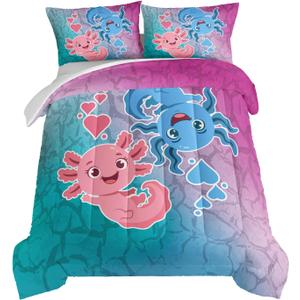HOSIMnoA Axolotl Comforter Set Pink and Blue Axolotl Pattern Kawaii Bed Set for Kids Bedroom Decor, Twin Bed Set for Girls with 2 Pillowcases. (Full)