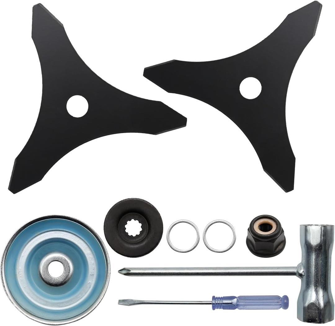 2-Set 10" X 3 Teeth Carbon Steel Brush Cutter Blades with Blade Adapter Attachment Kit Replacement for Husqvarna, Ego, Ore-gon, Fits Weed Eater/Trimmer, for 20mm or 25.4mm Arbor