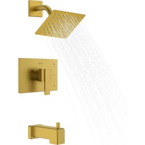 KENES Brushed Gold Tub and Shower Trim Kit, Square Tub Shower Faucet Set Complete with 6-Inch Rainfall Shower Head and Tub Spout, KE-6025A-4 (Shower Valve Included)