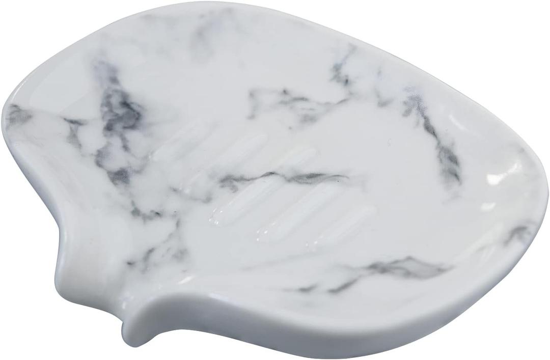 White Marble Texture Soap Dish Ceramic Soap Holder Self Draining Soap Dish Waterfall Slot Sponge Holder Bathroom Accessories for Bathroom, Kitchen,Bar Counter. (Marble White)