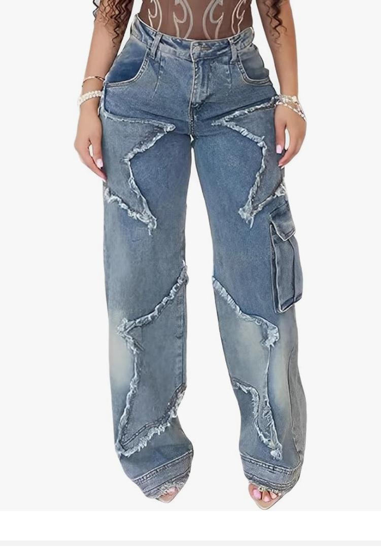 Women's Y2K Baggy Cargo Jeans High Waisted Ripped Star Tassel Fringe Denim Pants Flap Pocket Stretch Streetwear, L
