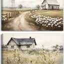 Barn Wall Art 2 Piece Rustic Farmhouse Picture Print On Canvas Beautiful Field Wildflower Windmill Painting Framed For Bathroom Bedroom Living Room Office Wall Decor(Artwork-5,12"x16"x2pcs)
