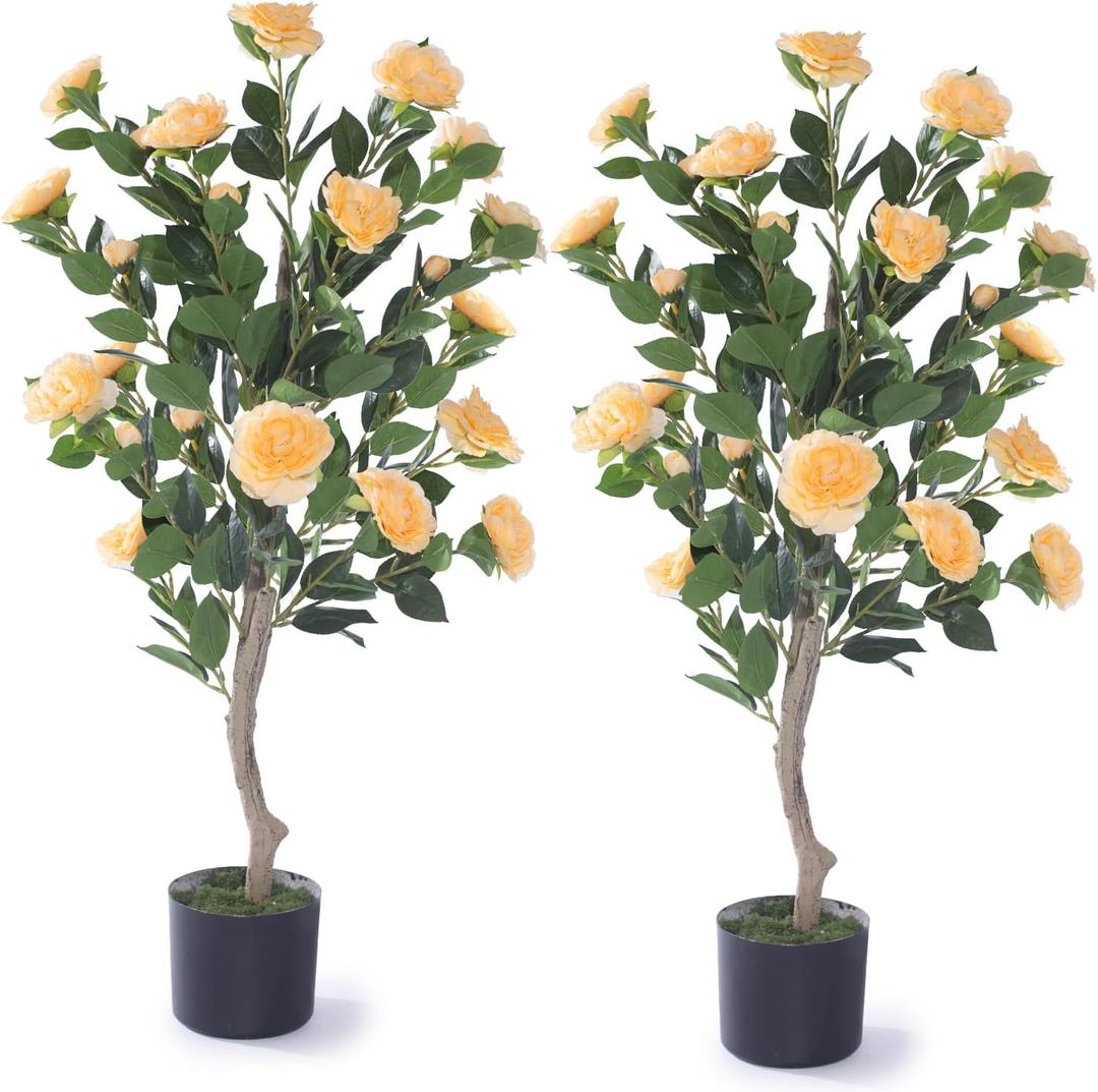2 Pack 40" Artificial Camellia Tree with Vibrant Yellow Flowers Faux Flower Tree Plant in Pot Fake Topiaries