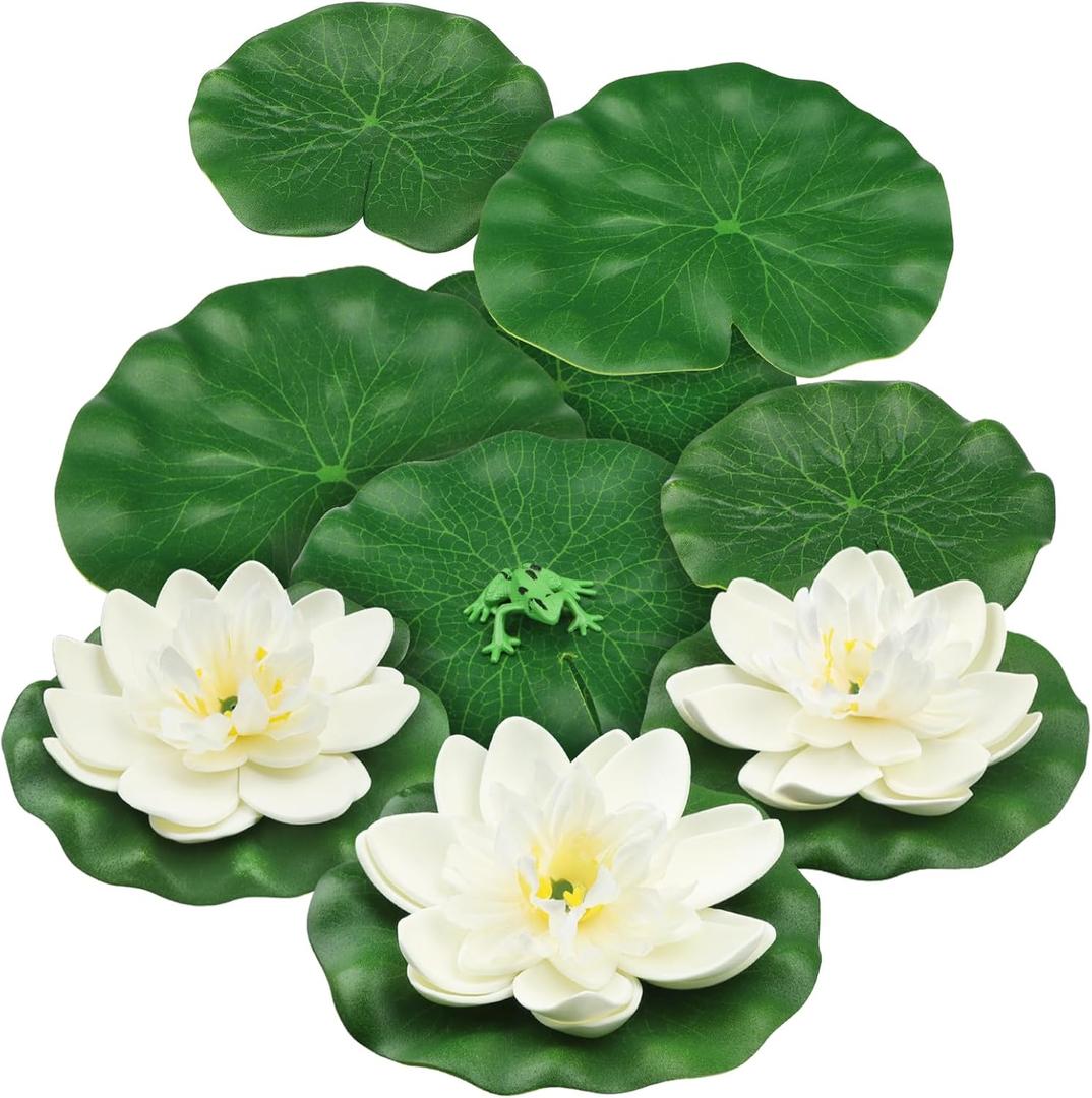 10pcs Artificial Floating Foam Lotus Flowers with Artificial Frog Lotus Leaves, Lily Pads for Lake, Pond Plants Ornaments for Pool Aquarium Water Decoration, White