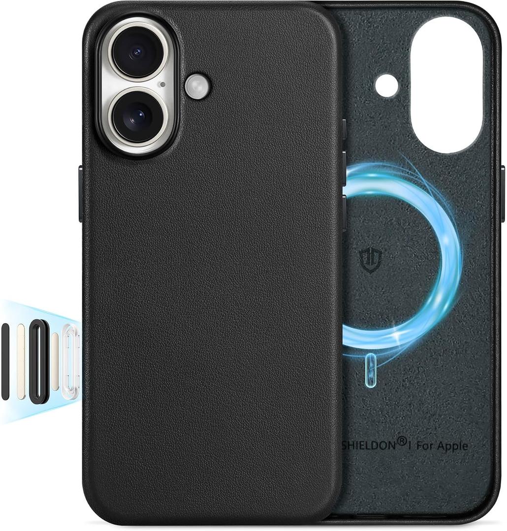 SHIELDON Genuine Leather Case for iPhone 17 6.3 Inch 2025 | Compatible with Magsafe, Camera Button Updated, Slim Magnetic Wireless Charging, Anti-Scratch, Shockproof, Protective Phone Cover - Black