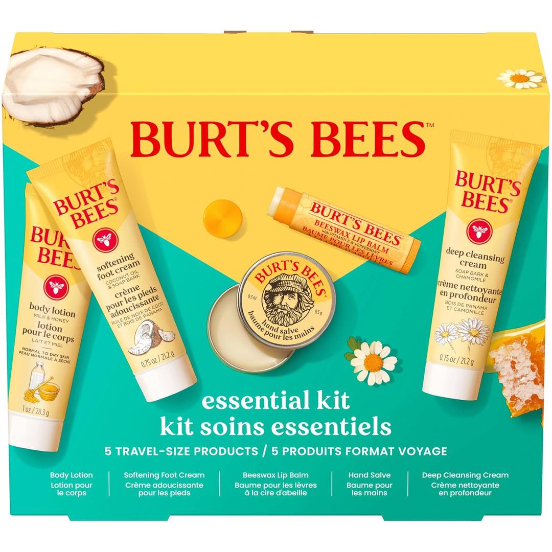 Burt's Bees Mothers Day Gifts Ideas - Essentials Everyday Set, 5 Travel Size Products - Deep Cleansing Cream, Hand Salve, Body Lotion, Foot Cream and Original Lip Balm