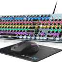 Typewriter Style Mechanical Gaming Keyboard Blue Switch, Rainbow LED Backlit Wired Computer Keyboards Mouse and Pad Combo, Metal Panel Retro Punk Round Keycaps, 104 Keys Anti-Ghost for PC Laptop Gamer
