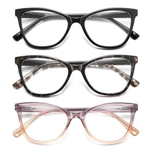 LKEYE Reading Glasses Women Cat Eye Blue Light Blocking Computer Readers Stylish Spring Hinge Fashion Cute Ladies Small Frame Eyewear LK6094 (3Pack,Black,Demi,Purple,2.0X)