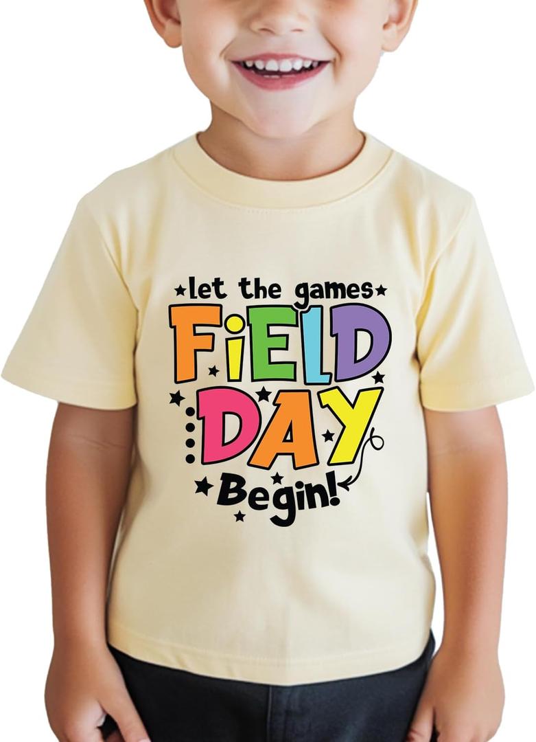 Boys Field Day Shirt for Kids Toddler Girls Colorful Field Day Prints T-Shirts Tops Graphic Tee Short Sleeve 2-8Y (Yellow)