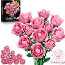 Pink Rose Bouquet Building Set for Girls & Boys - 12 Pack Botanical Collection Gift for Mother Day Mom/Her/Girlfriend/Wife/Couple, Gothic Emo Vintage Retro Artificial Flowers Botanical Collection