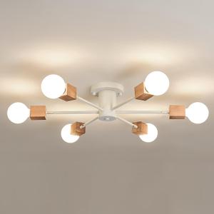 Boho 6-Light Sputnik Chandelier Semi Flush Mount Ceiling Light Fixture Farmhouse Wood and White Ceiling Lamp for Dining Room Living Room Bedroom Kitchen