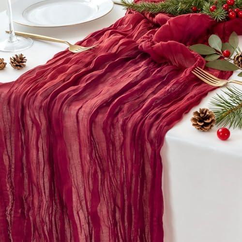 Sioloc Burgundy Red Cheesecloth Table Runner Fall Autumn Decor for Home 10ft Table Cloth for Wedding Birthday Party Bridal Shower Christmas Halloween Thanksgiving