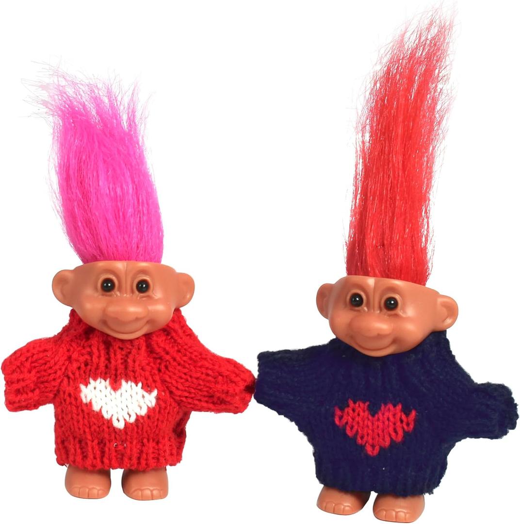 2 PCS Retro Lucky Troll Dolls in Hand-Knit Sweaters - Colorful, Adorable, Great for Collections, School Projects, Crafts & Party Favors (Blue&red)