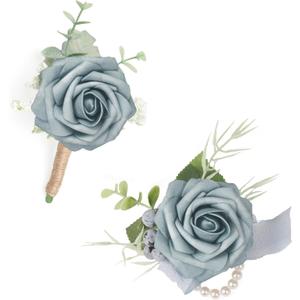 Dusty Blue Corsage and Boutonniere Set, Rose Boutonniere for Men Wedding, Prom Artificial Flower Wrist Corsage Bracelets, Homecoming Corsage Wristlet, Flowers Accessories Prom Suit Decorations