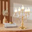 LANLONG 15.3in Gold Candelabra Centerpieces for Tables, 5 Arm Crystal Candelabra for Pillar Candles, Metal Candelabra Candle Holders for Wedding Centerpiece Decor Party Event Reception Decoration