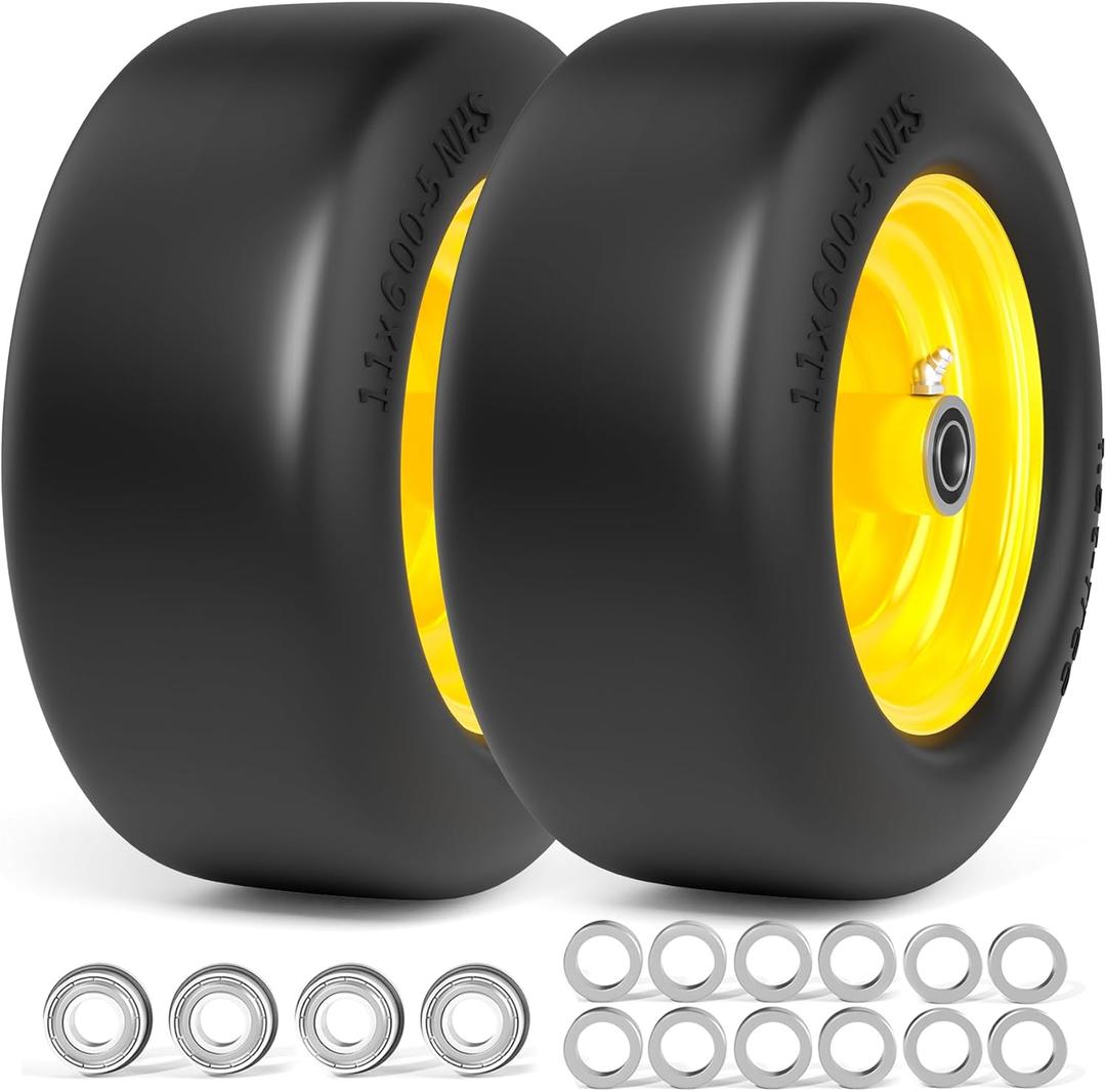 11x6.00-5 Lawn Mower Tires Flat Free, Zero Turn Mower Front Tires, 11x6-5 Solid Mower Wheel for Residential and Commercial, 3/4" and 5/8" Bearing, 6"- 8" Center Hub, 2Pack Yellow, 400Lbs