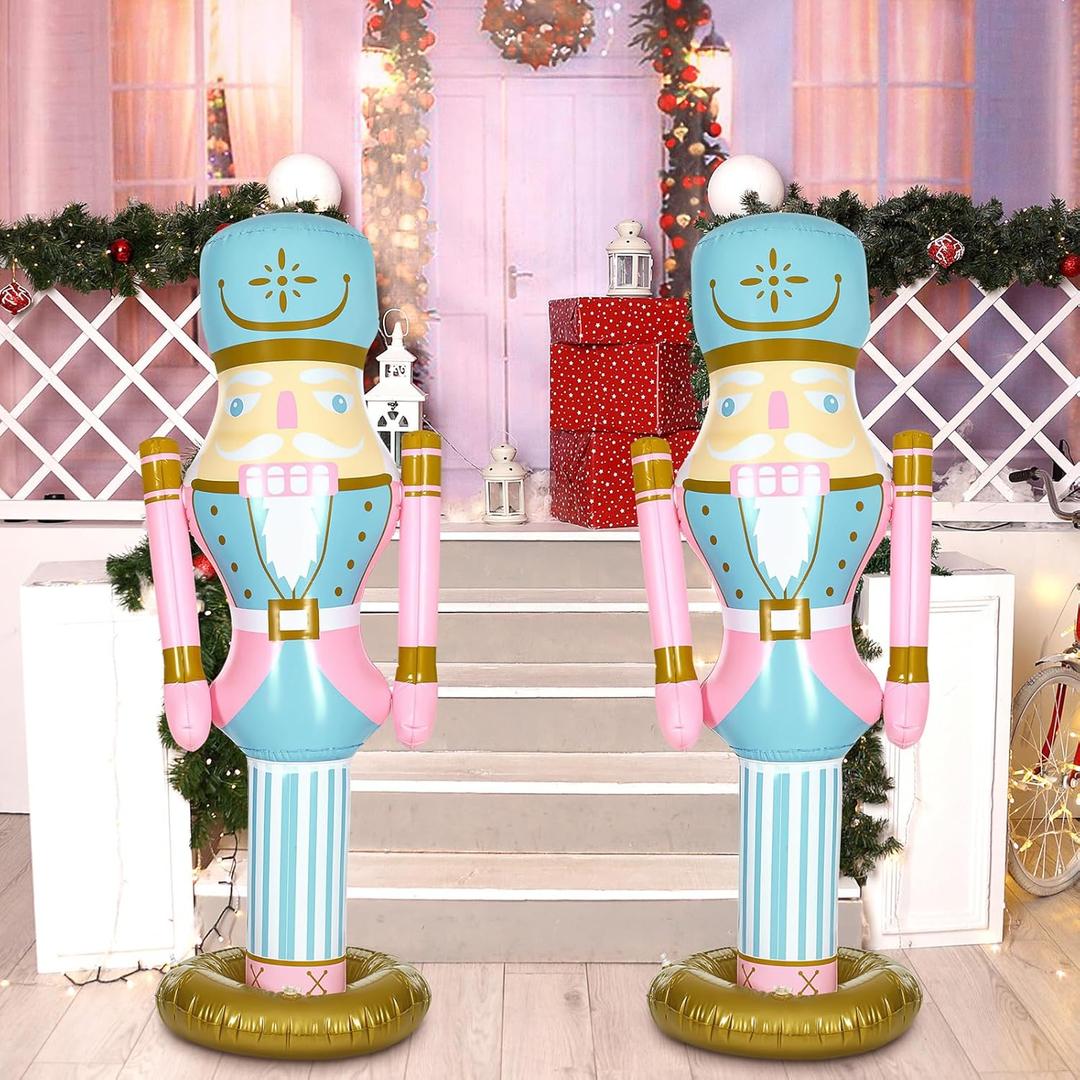 Leyndo 2pcs 5 ft Inflatable PVC Pastel Easter Pink Nutcracker Figures July of Christmas Decor for Xmas Indoor Outdoor Lawn Weatherproof Decor