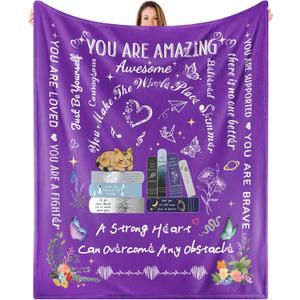 Purple Encouragement Throw Blanket Birthday Gifts for Women 52'' x 60'',Hug Get Well Blanket with Words of Affirmation Inspirational Positive Thoughts and Quotes for Sister Friend,Grandma