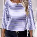 LilyCoco 3/4 Length Sleeve Women's Tops Boat Neck Striped Shirt Long Cotton T shirts Blue Large (Blue, L)