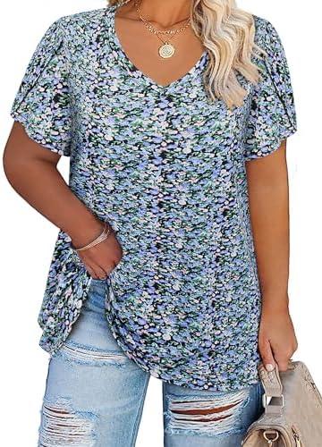Amrto Womens Plus Size Tops V Neck Petal Short Sleeve Tunic Blouses Summer Loose Casual Shirts XL-5XL, 4XL