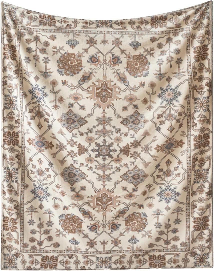 Garden Print Blanket Fleece Throw for Bed Sofa Travel and Camping, Super Soft Cozy Fluffy Plush Garden Print Blanket for All Seasons 60"x80" (Beige)