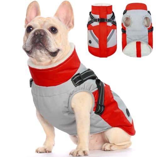 FUAMEY Dog Winter Jackets for Medium Dogs,Dog Coat with Harness Built in,Waterproof Dogs Snowsuits Warm Pet Jacket Zip Up Fleece Cold Weather Coats Reflective Puppy Vest with Pocket Red M