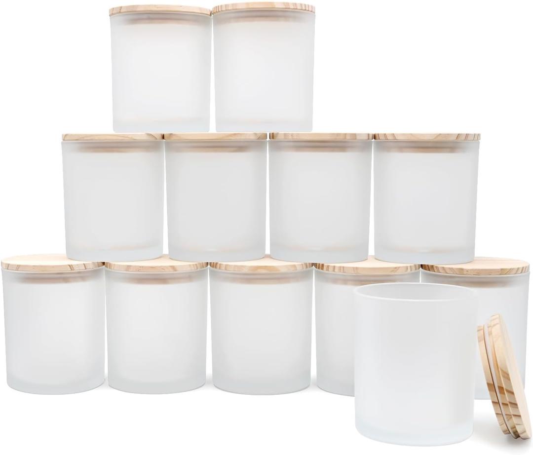 14 OZ Thick Candle Jars for Making Candles 12 Pcs, 3 Wick Empty Jars with Wood Lids for Candle Making, Sample Container,Frosted White