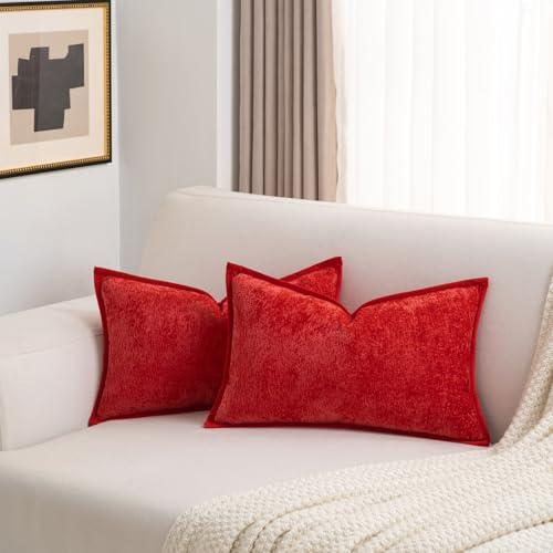FUTEI Valentine's Day Red Chenille Throw Pillow Covers 12x20 Inch Set of 2,Soft Cozy Bound Edge Design Lumbar Pillow Cases,Home Decor for Couch Bed Living Room