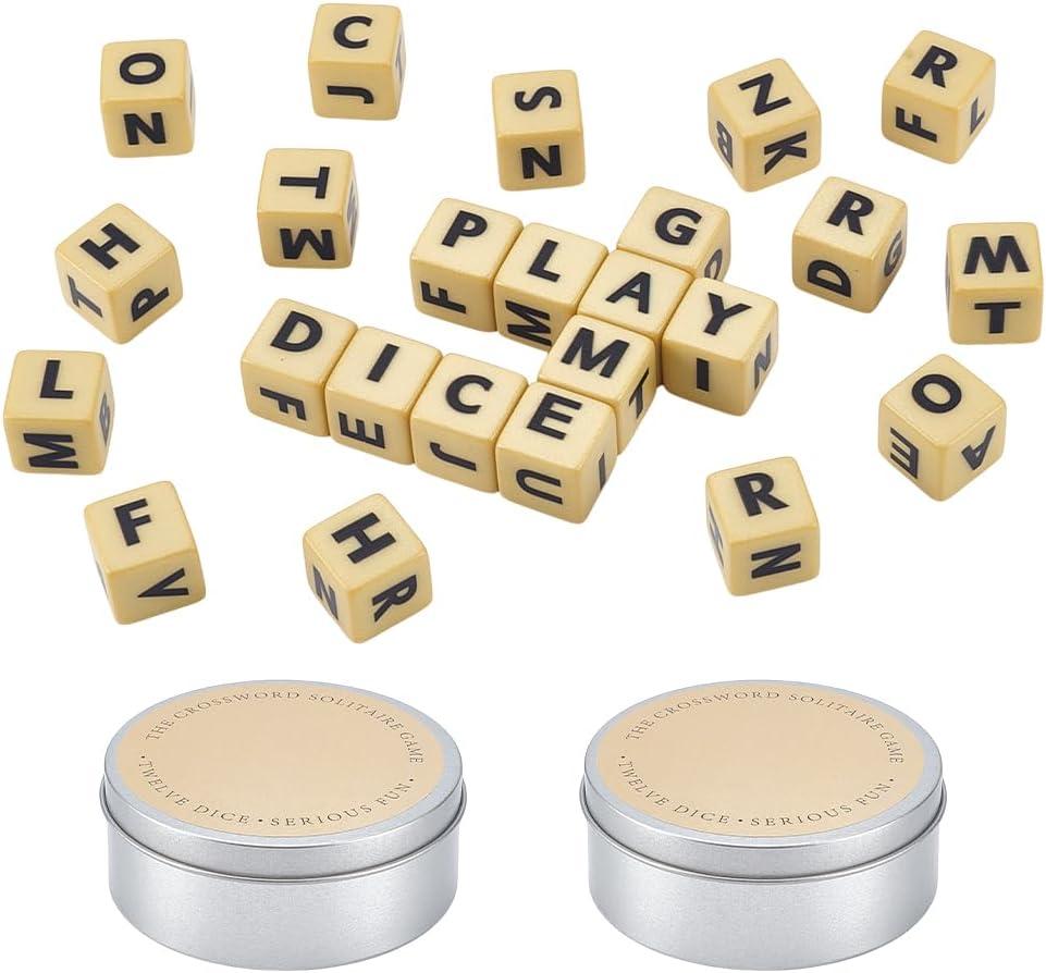 NBEADS 2 Sets Crossword Dice Set, Letter Dice Entertainment Set Word Play Activity with Letter Dices for Travel Camping and Family Night, with Portable Storage Boxes, Platinum(Not the Full 26 Letters)