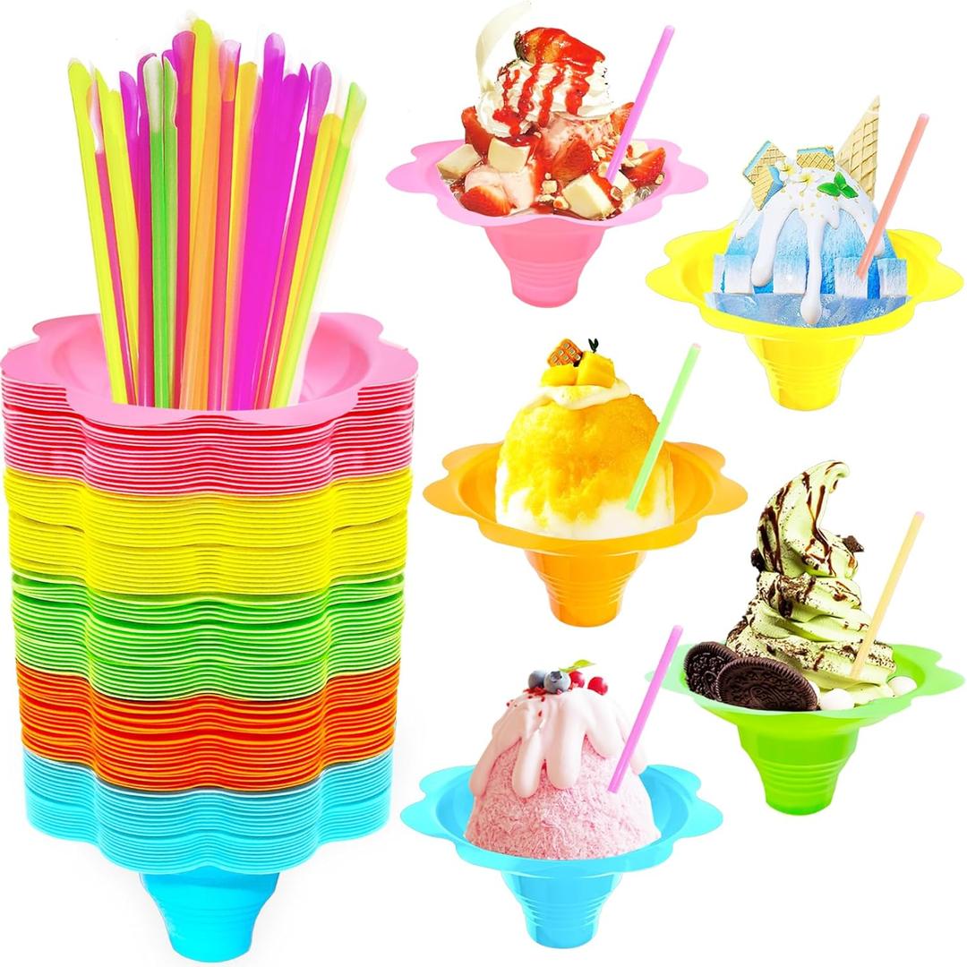 200Pcs 4oz Colorful Snow Cone Cups with Spoon Straws, Plastic Reusable Flower Shaved Ice Drip Cups Snack Ice Cream Bowls for Kids, Birthday Party, Holiday, Summer