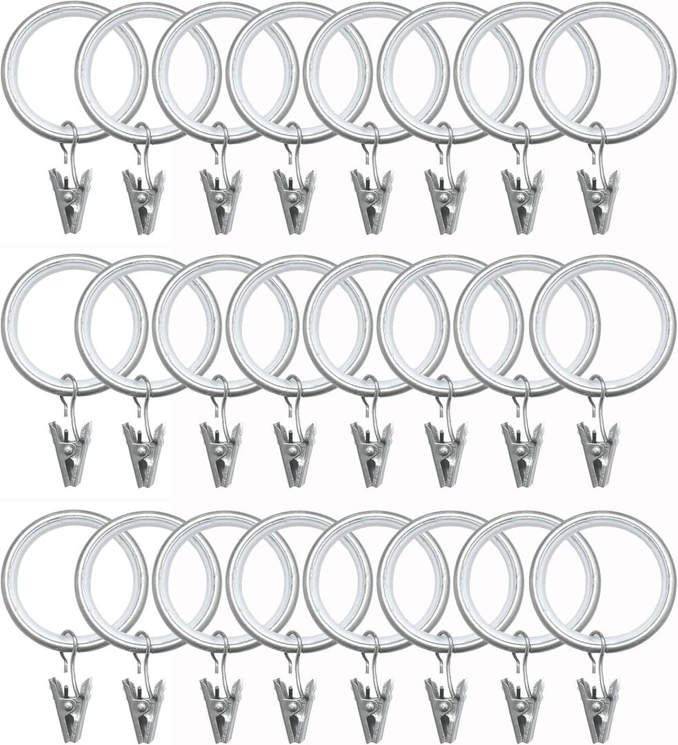 24 Pack Curtain Rings with Smooth, Quiet Nylon Inserts with Clips, Window Clip Rings Curtain Hooks Hangers, 1.26 in Interior Diameter, Fits up to 1" Rod (Nickel)