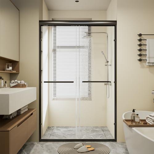 Glass Shower Doors, 44" - 48" W x 72" H Double Sliding Shower Door, Aluminum Semi-Frameless & 1/ 4"(6mm) Clear Tempered Glass Bypass Shower Door for Walk in Shower, Bathroom（Matte Black）