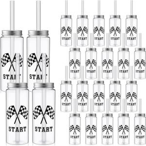 24 Pcs 14 oz Checkered Flag Cup Race Car Party Supplies for Birthday Plastic Cup with Straw and Lid Black and White Plaid Flag Checkered Cups for Birthday Race Car Themed Party Supplies