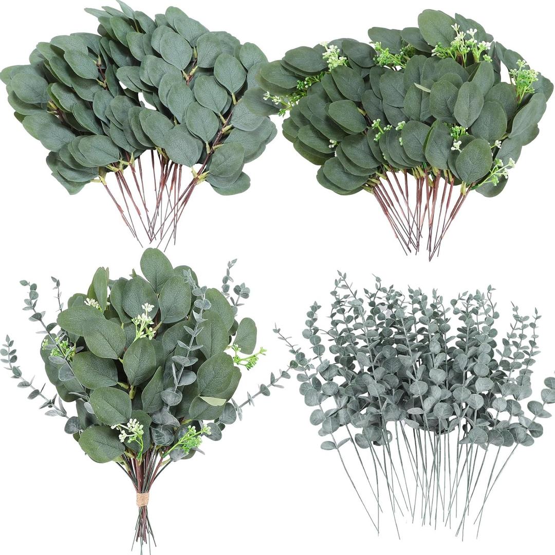 Zeyune 120 Pcs Eucalyptus Leaves Stems Artificial Silver Dollar Eucalyptus Wedding Bouquets Greenery Arrangements Faux Stems Seeded Eucalyptus Faux Wedding Decor, 3 Kinds